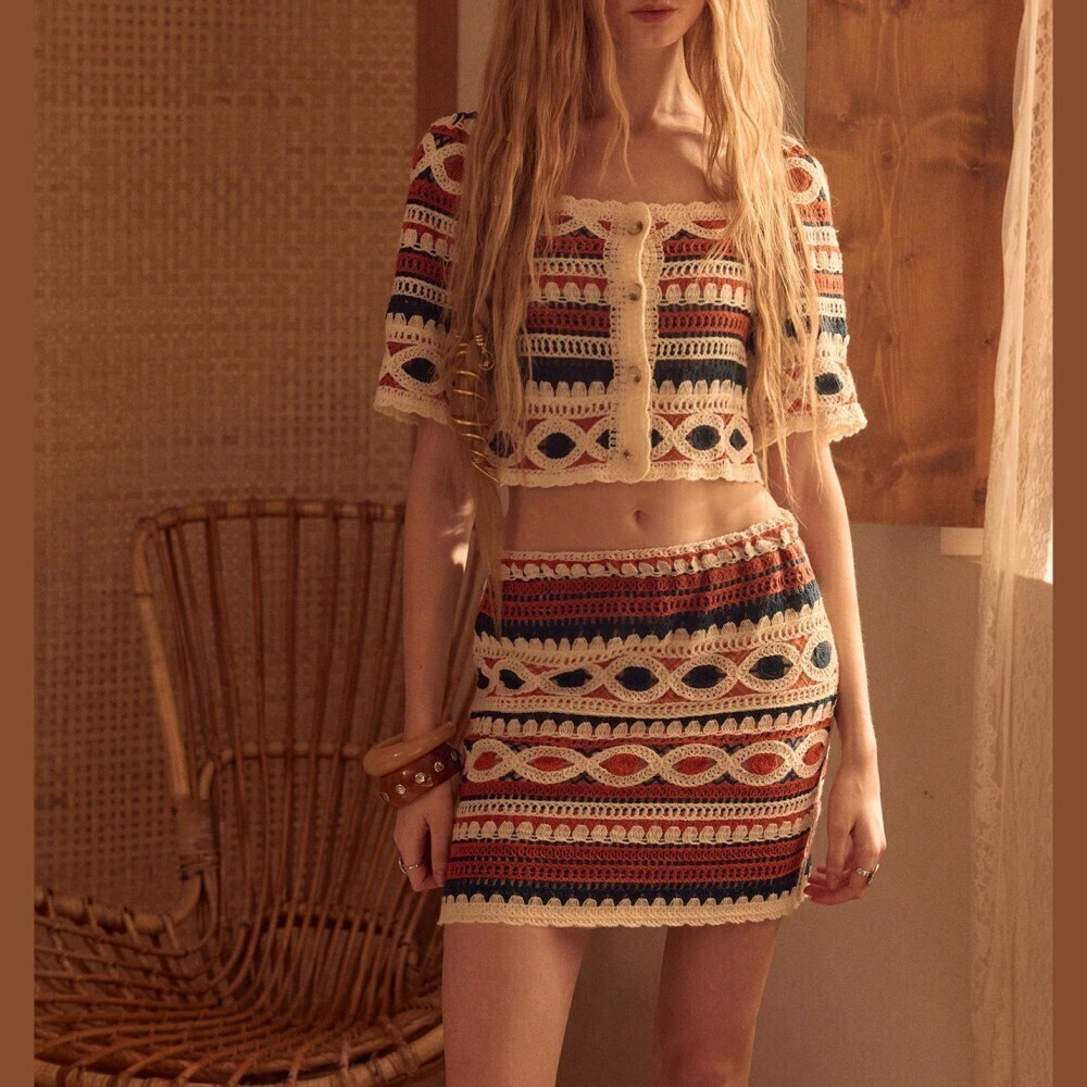 Cream Crochet Two Piece Set Square Neck Crop Top Mini Skirt